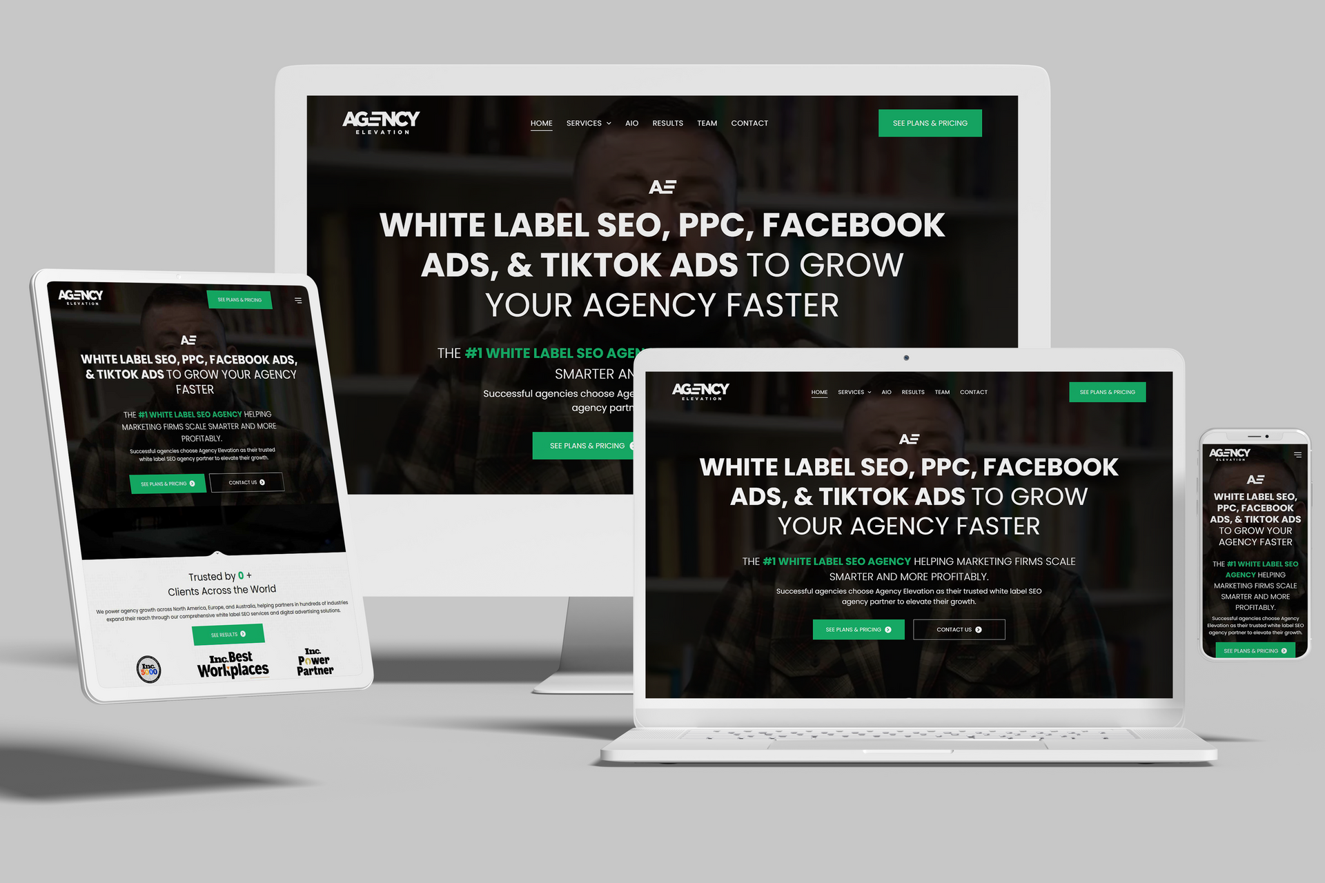 Website displayed on multiple devices: desktop, laptop, tablet, and phone, with text about white label SEO, PPC, and ads.