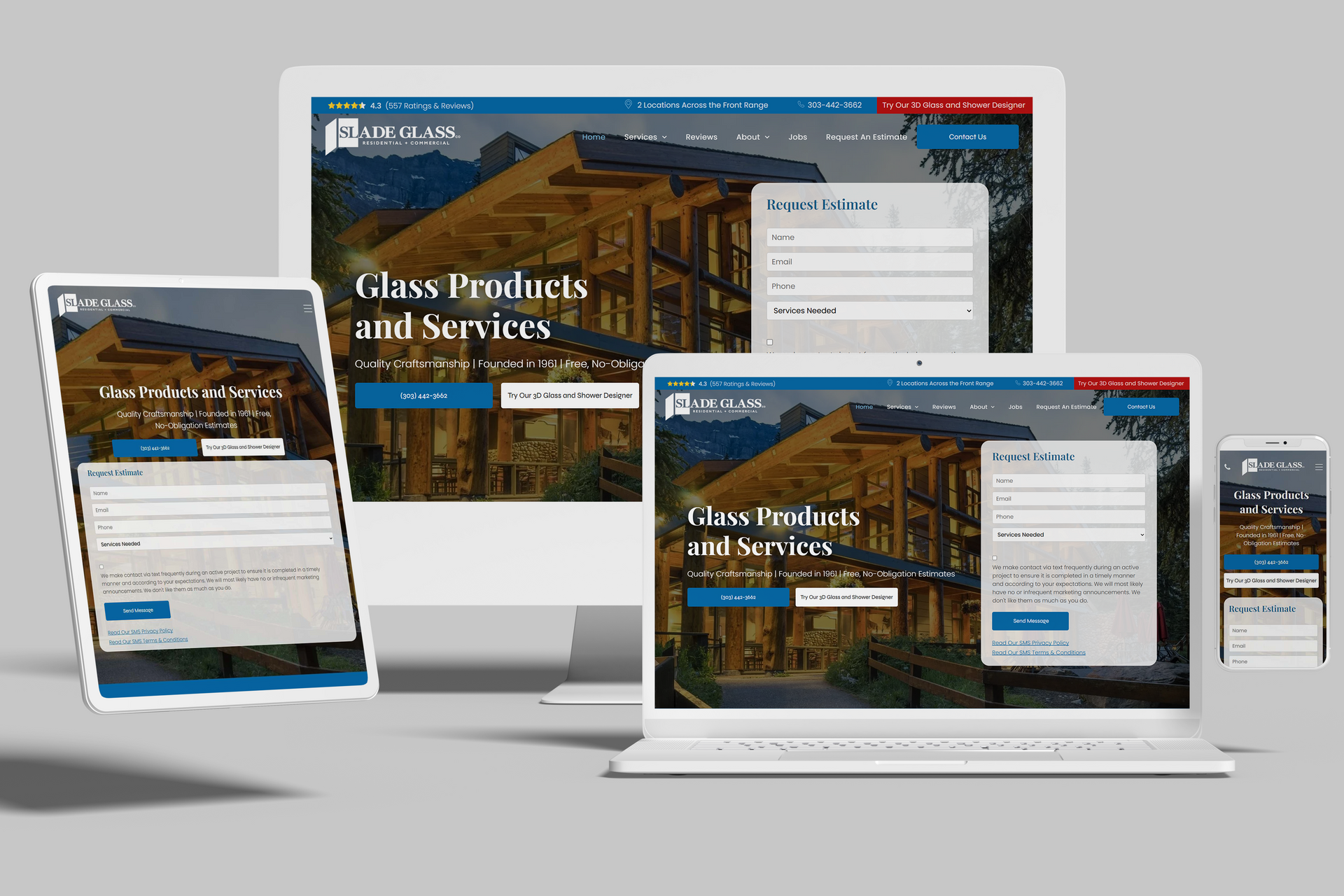 Website design mockups: various devices displaying a glass products and services webpage.