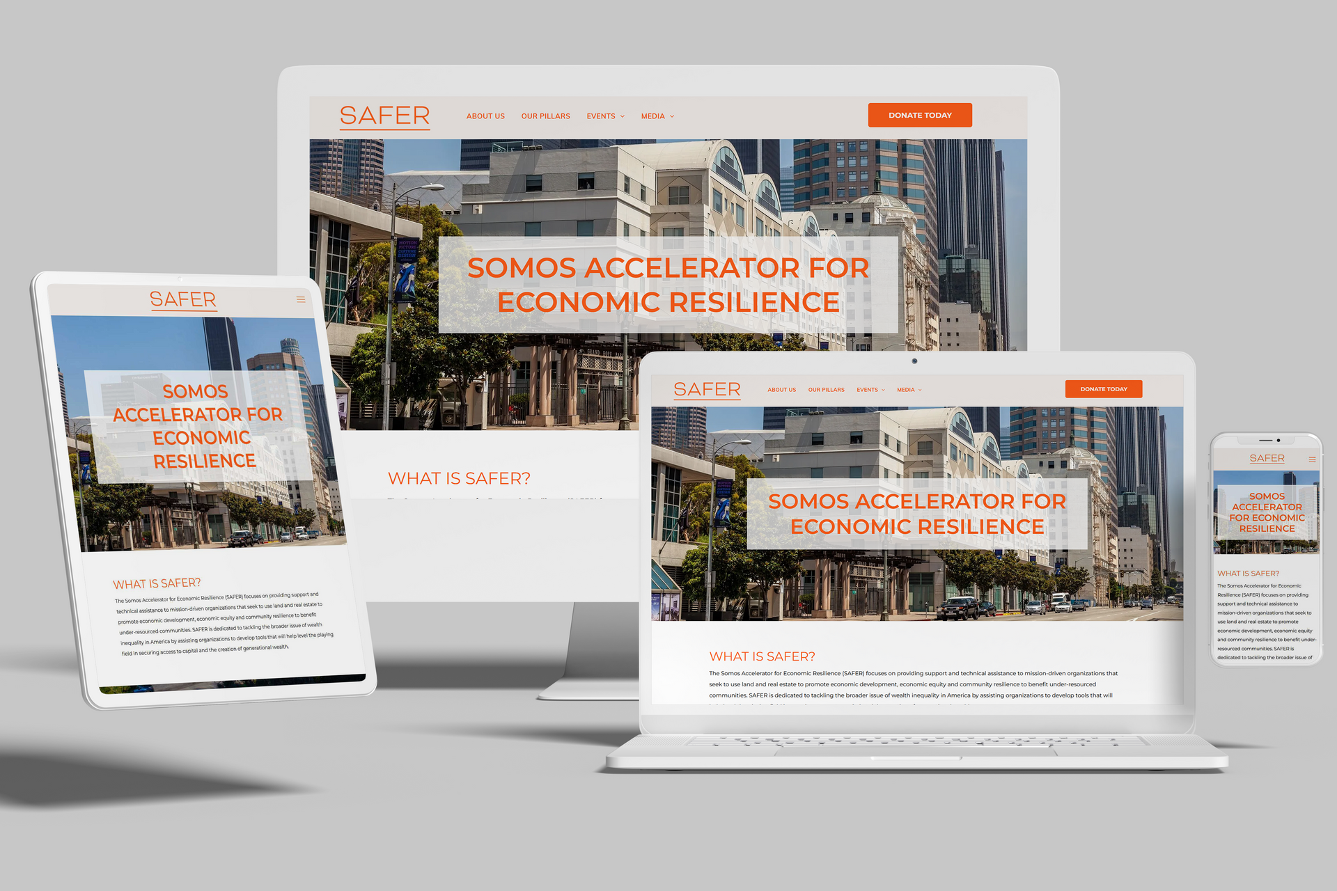 Website design displayed on various devices: computer, laptop, tablet, and phone, with cityscape background.