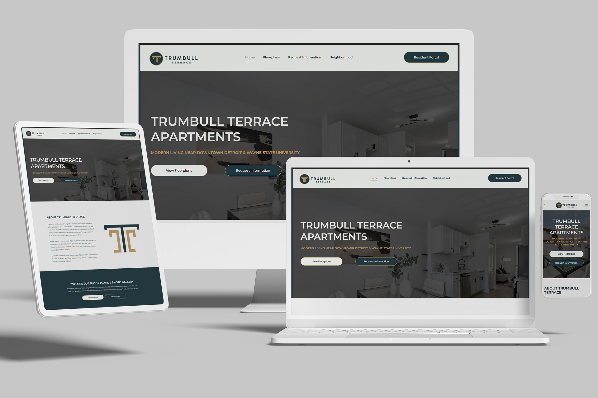 Website design for Trumbull Terrace Apartments displayed on multiple devices.