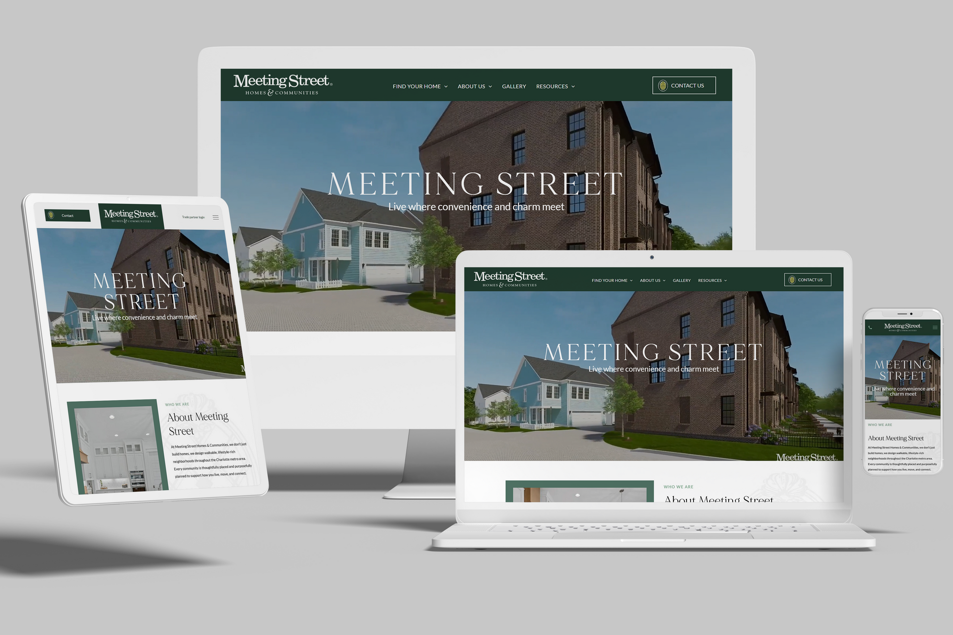 Website design mockup, Meeting Street real estate project, shown on various devices.