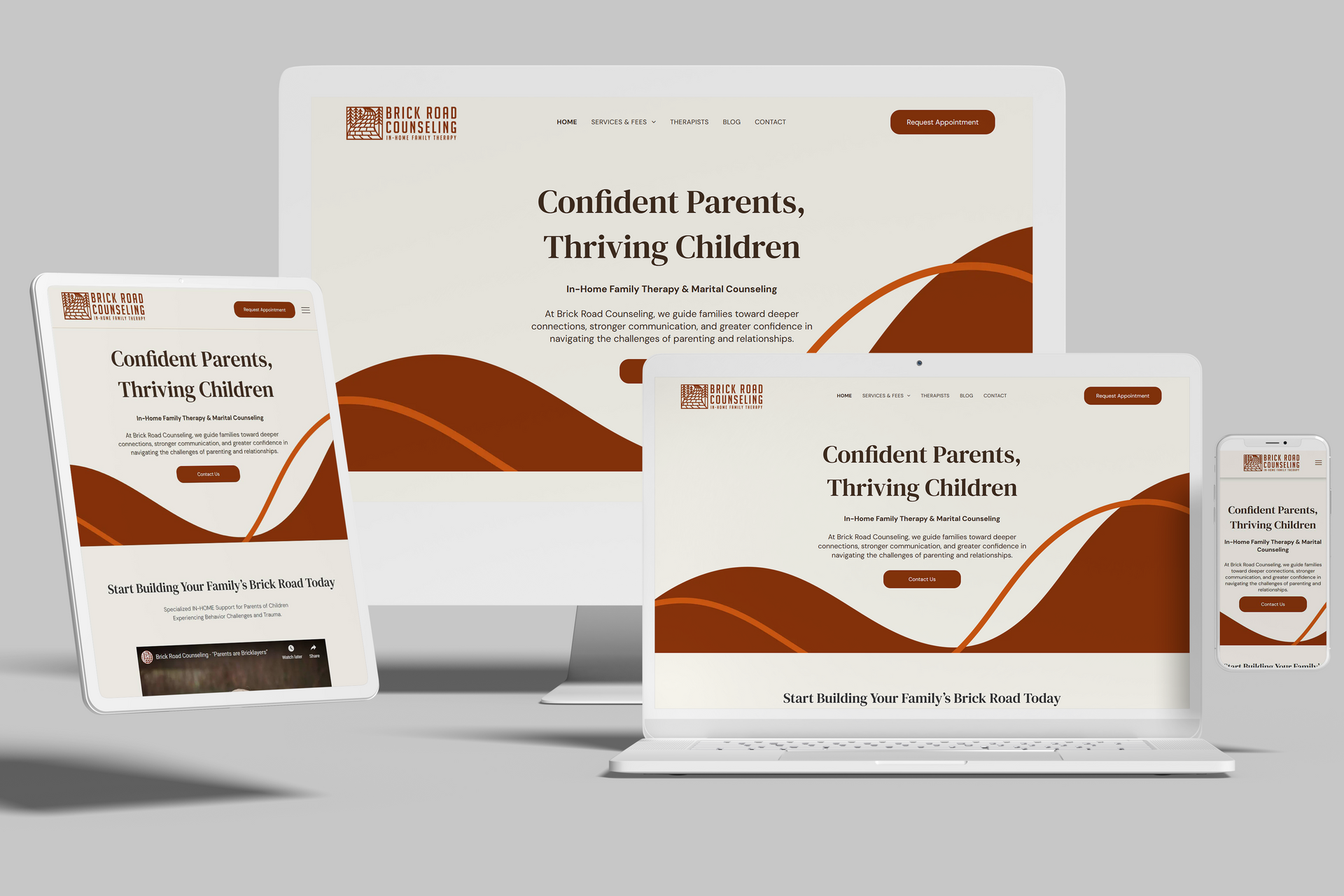 A computer , tablet , and cell phone are displaying a website for innovative custom home builders in central texas.