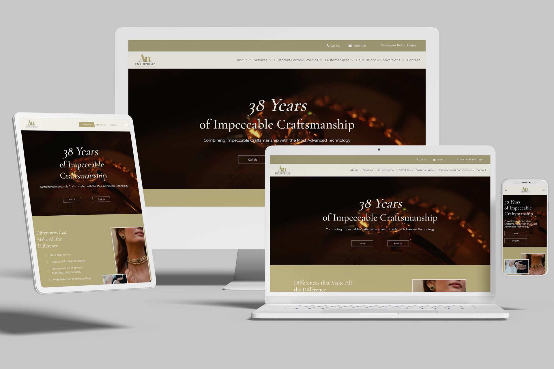 Webpage design on a tablet, desktop, laptop, and smartphone with a dark, gold-toned theme celebrating an anniversary.
