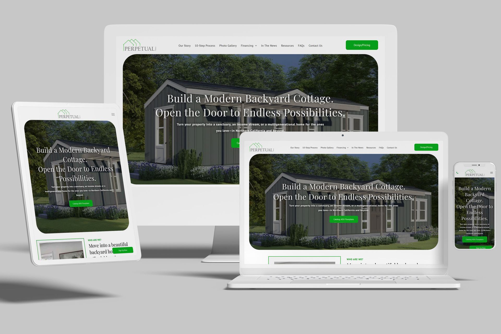 Website displayed on multiple devices: desktop, laptop, tablet, and phone, with a house and green branding.