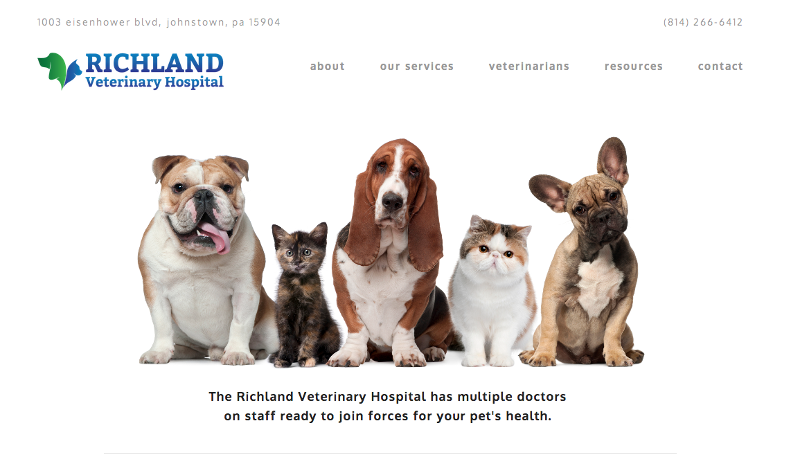 Richland Veterinary Hospital website header featuring five pets.
