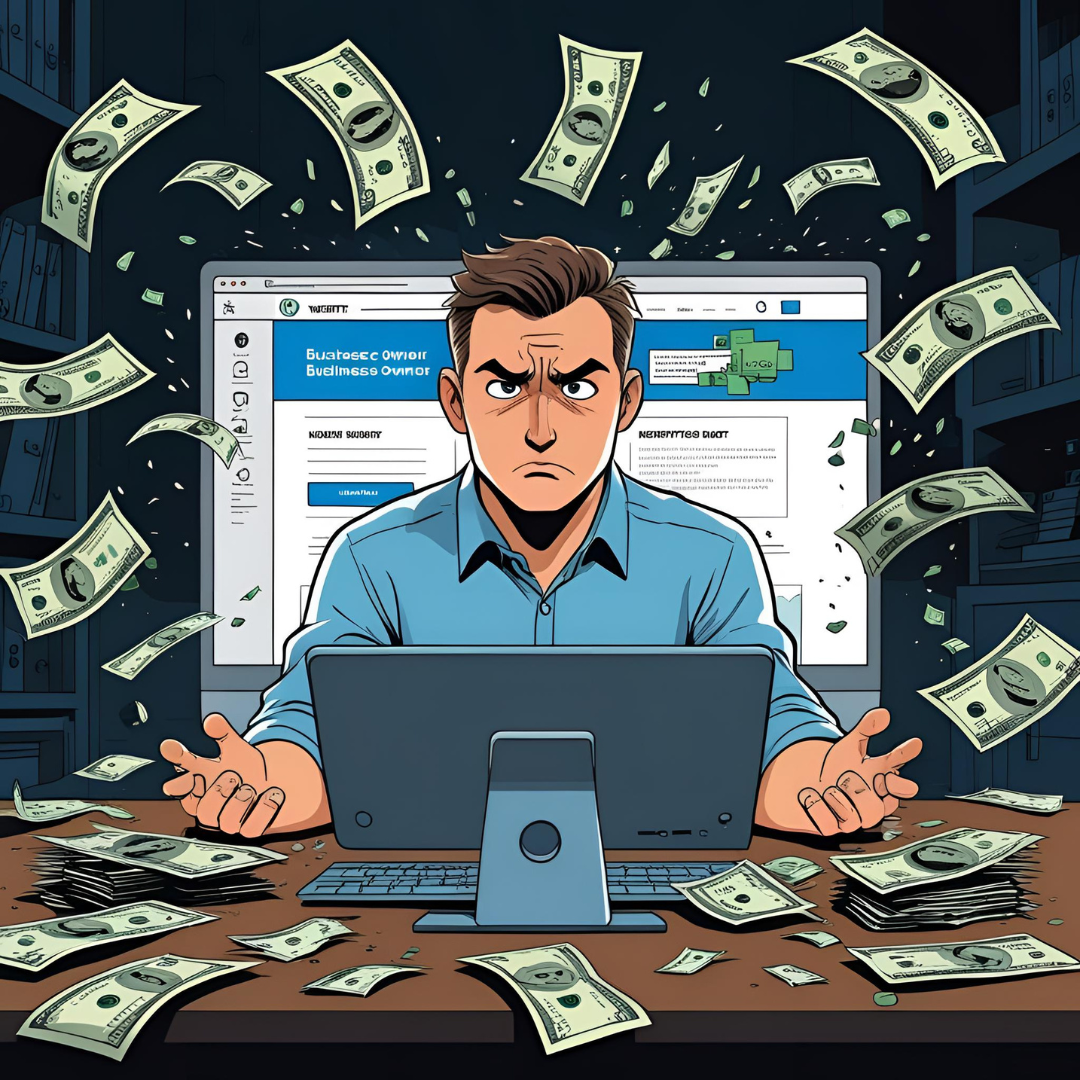 A man is sitting in front of a computer with money flying around him.