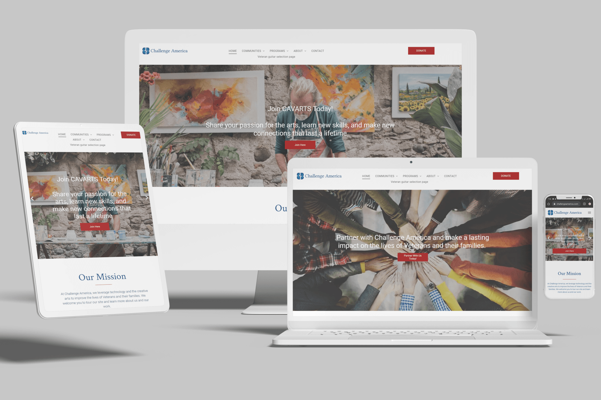 Website design displayed on multiple devices, featuring images and text.