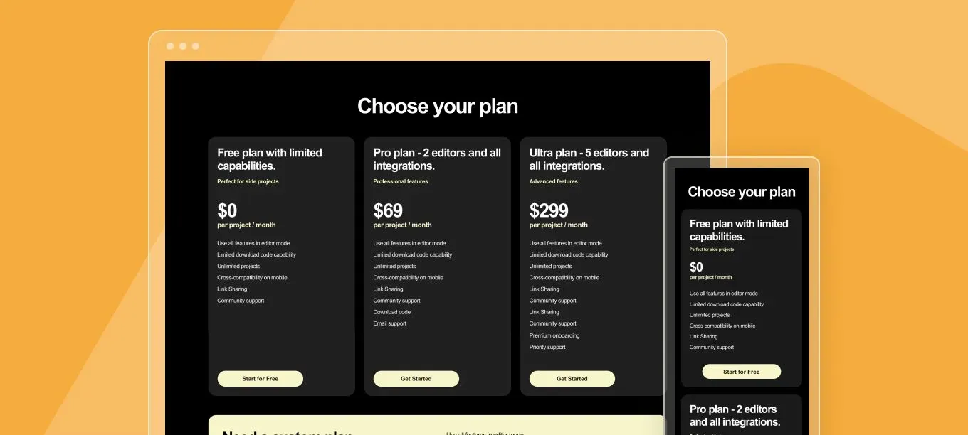 A tablet and a cell phone are displaying a choose your plan page.