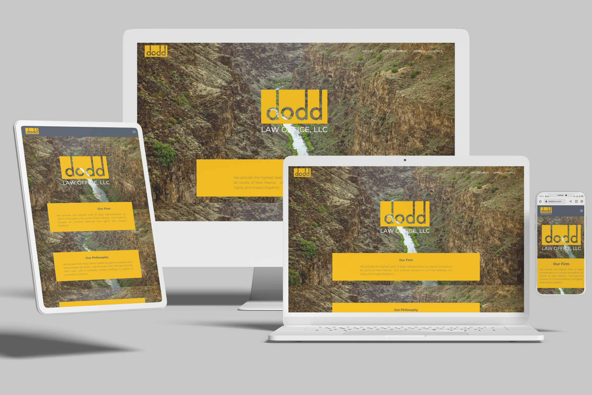 Website design on multiple devices: desktop, laptop, tablet, and smartphone; yellow accents, nature background.