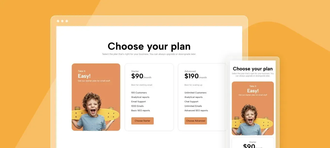 A choose your plan page on a computer , tablet , and phone.