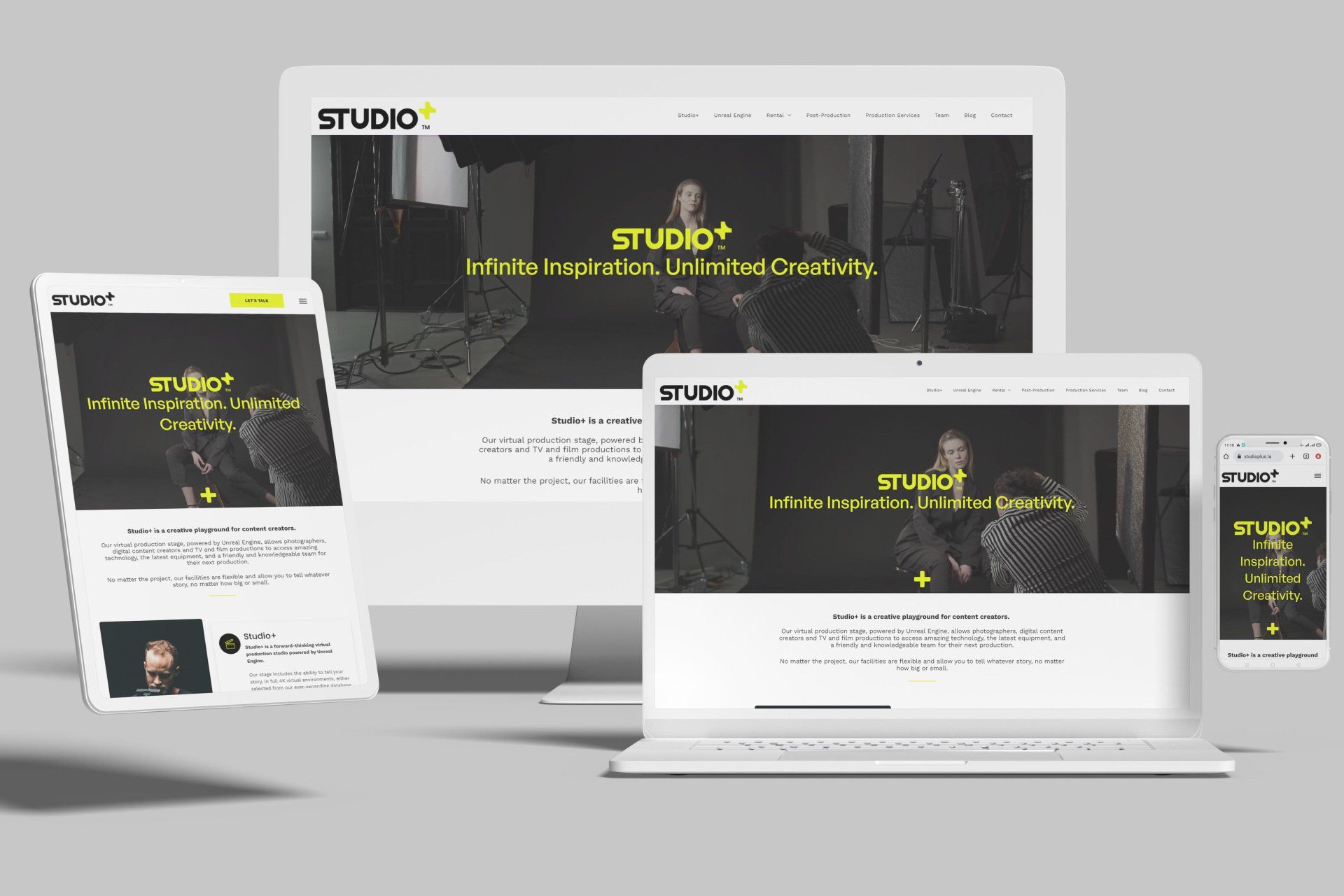 Website mockup on various devices showcasing STUDIO1 branding, yellow accents, and a person in a video.