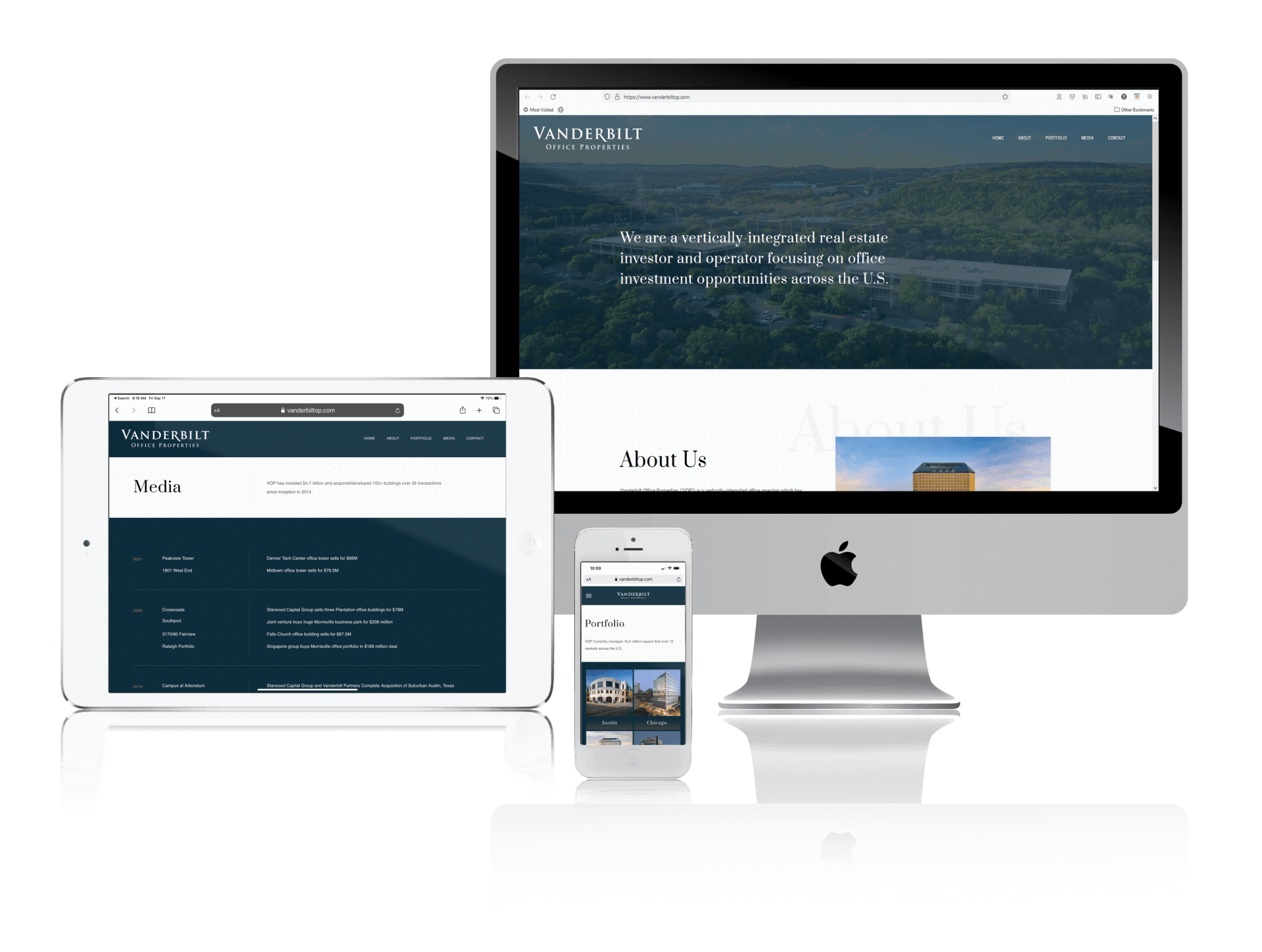 A computer monitor a tablet and a cell phone are displaying a website.