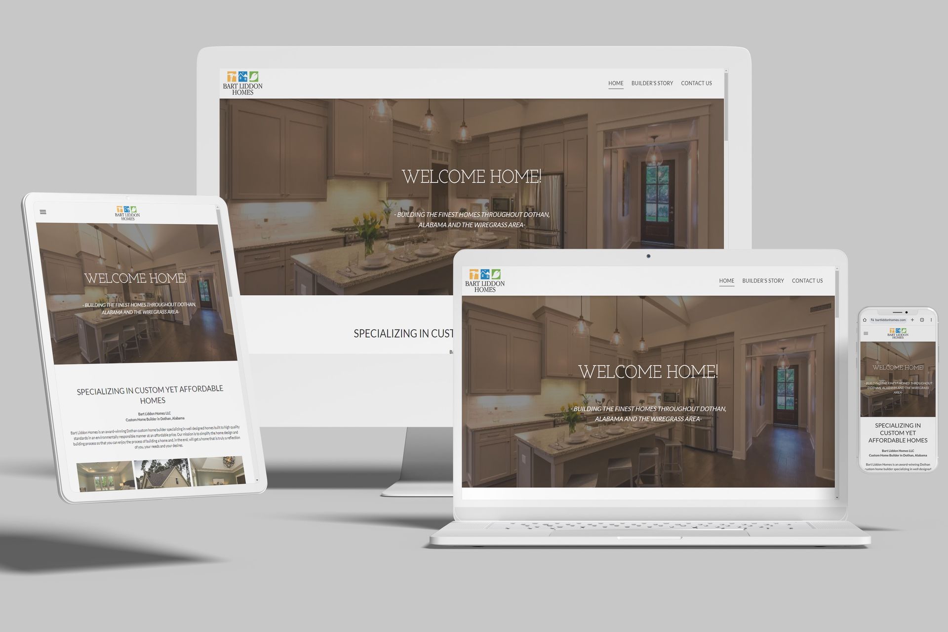 A laptop , tablet , and cell phone are displaying a website.