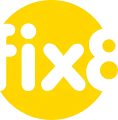 The fix8 logo is a circle with the word fix8 inside of it.