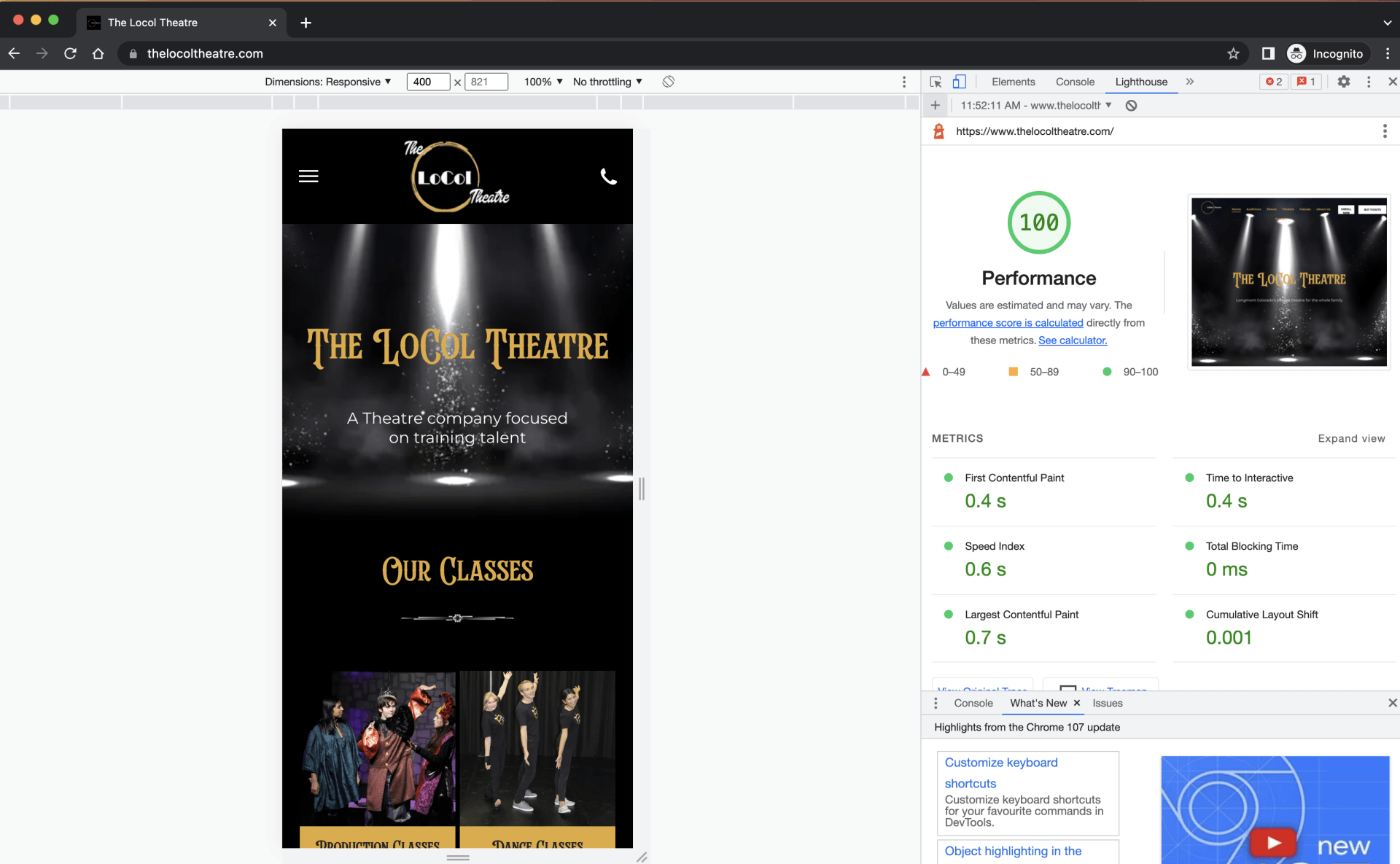 A computer screen shows a website for the look theatre.
