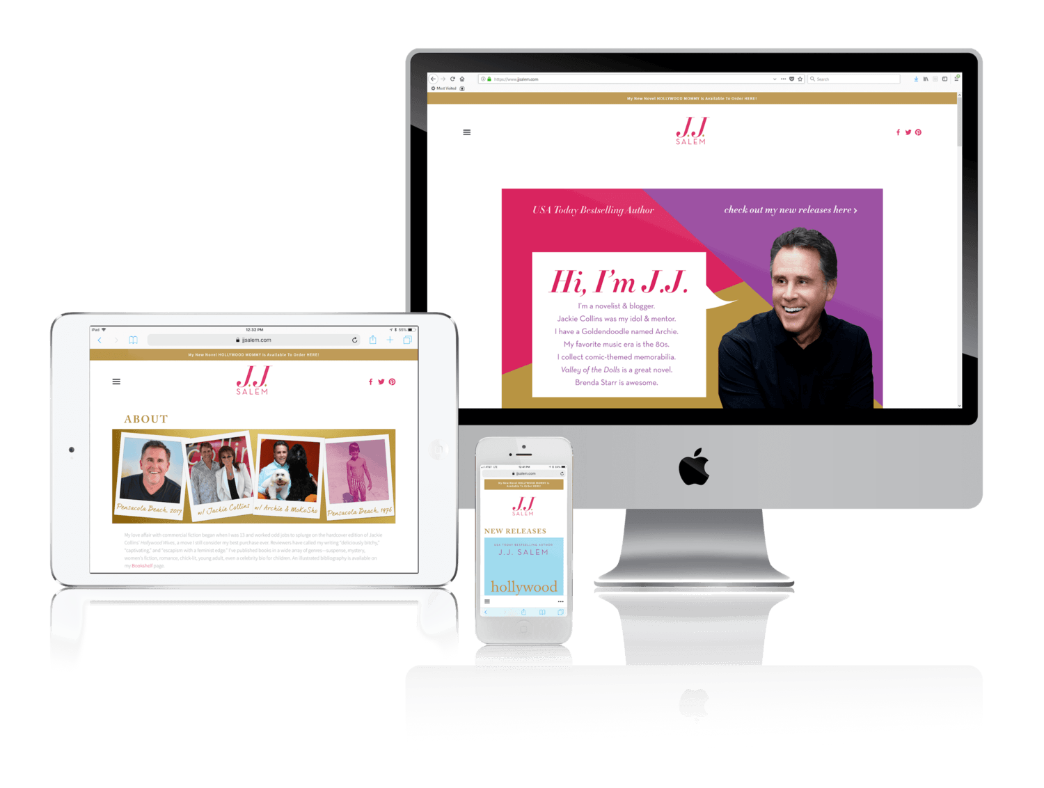 A computer , tablet , and cell phone are displaying a website.