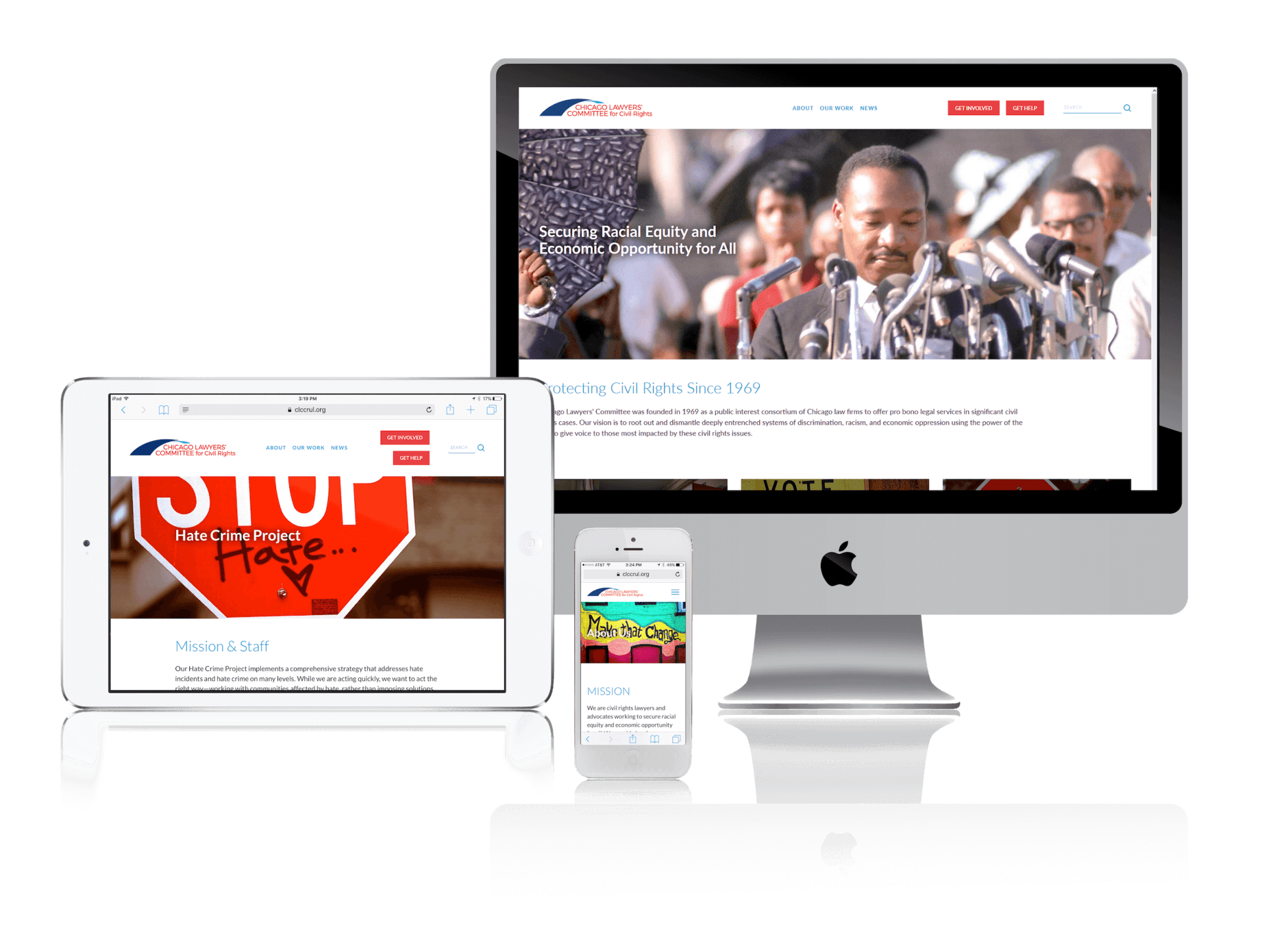 Website displayed on computer, tablet, and phone screens; featuring a historical photo and a stop sign.
