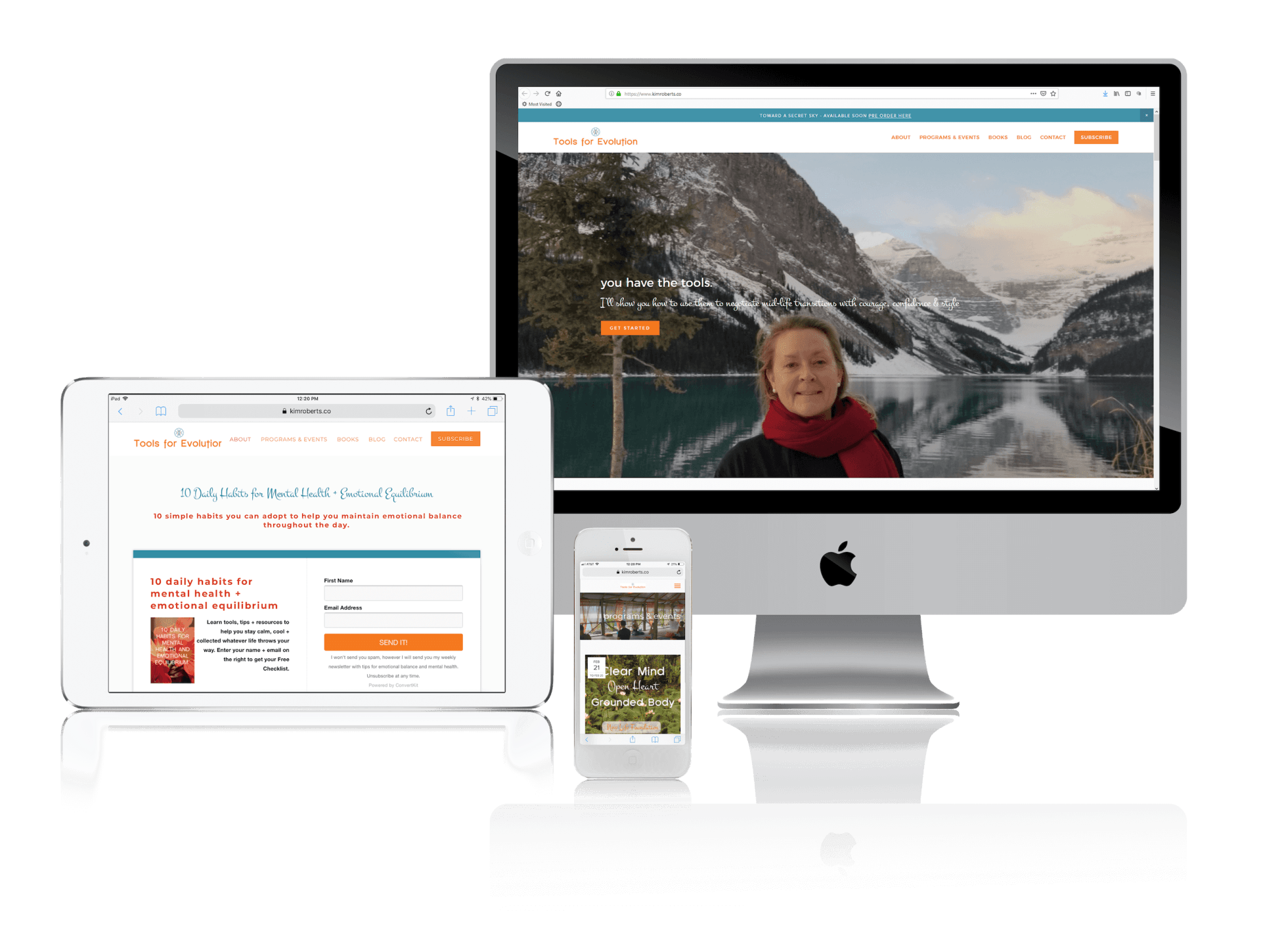 Website displayed on a desktop computer, tablet, and phone, showing a woman smiling in front of a mountain lake.