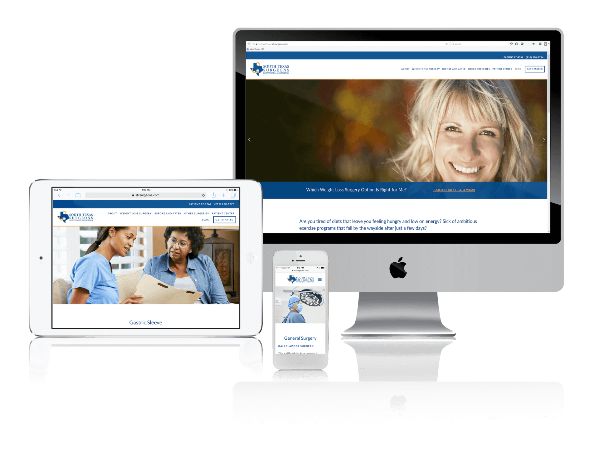 Website displayed on tablet, phone, and desktop. Smiling woman in background, Texas flag logo at the top.