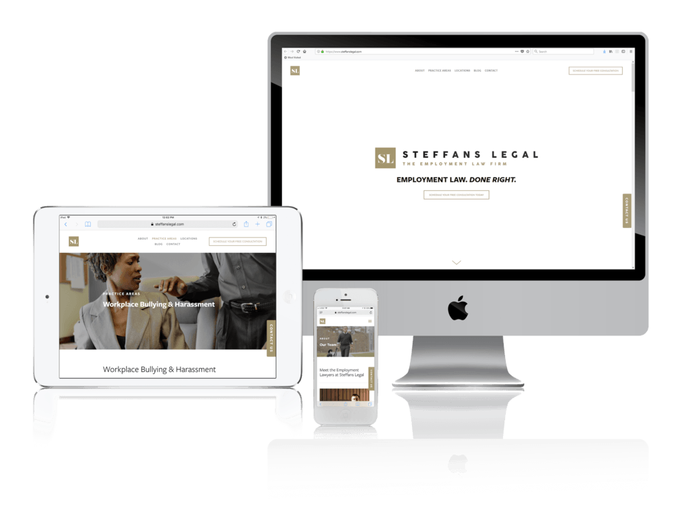 Web design mockups: Steffans Legal website displayed on desktop, tablet, and smartphone.