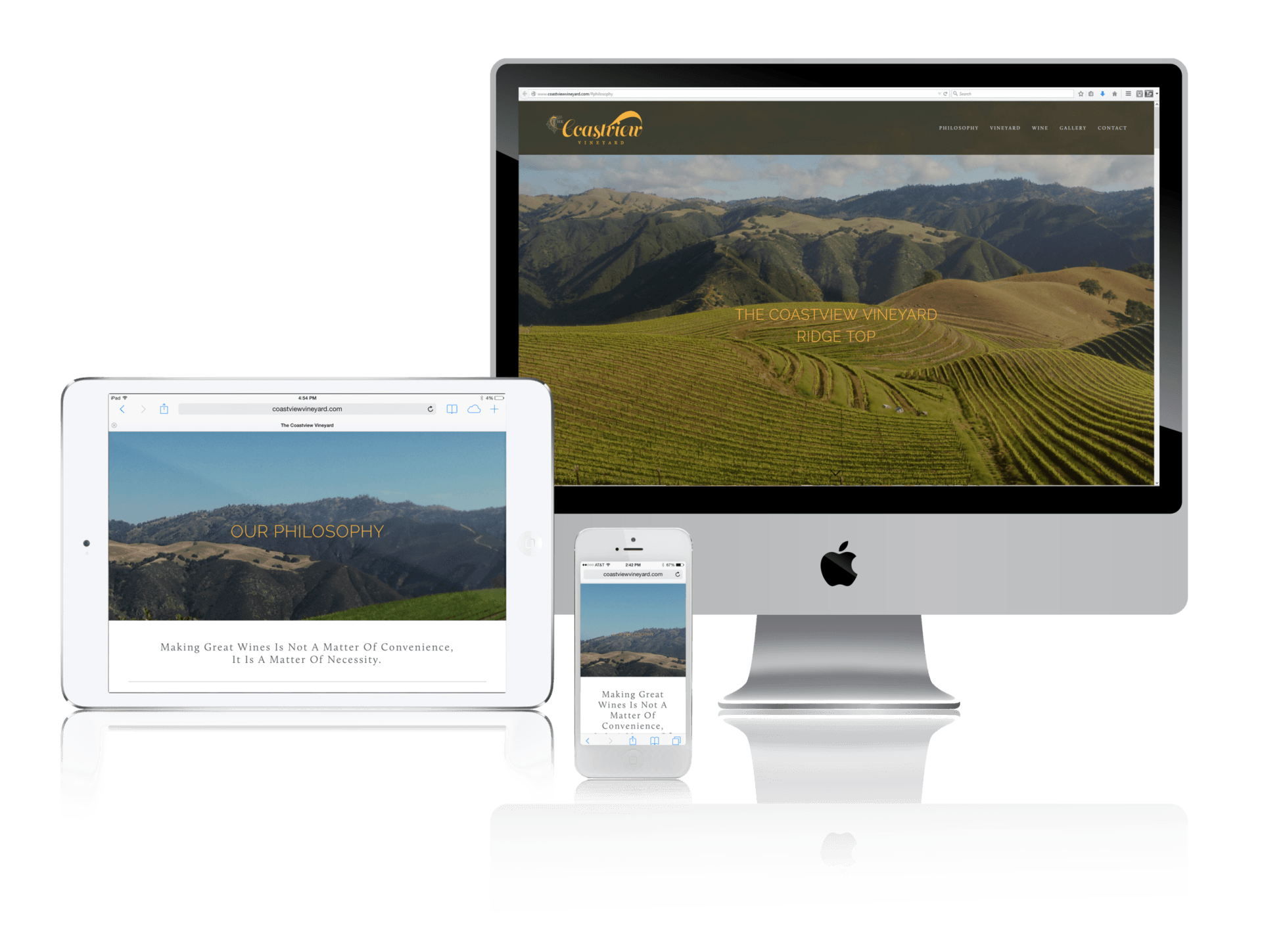 Website displayed on a computer, tablet, and phone, showcasing a scenic landscape with fields and hills.