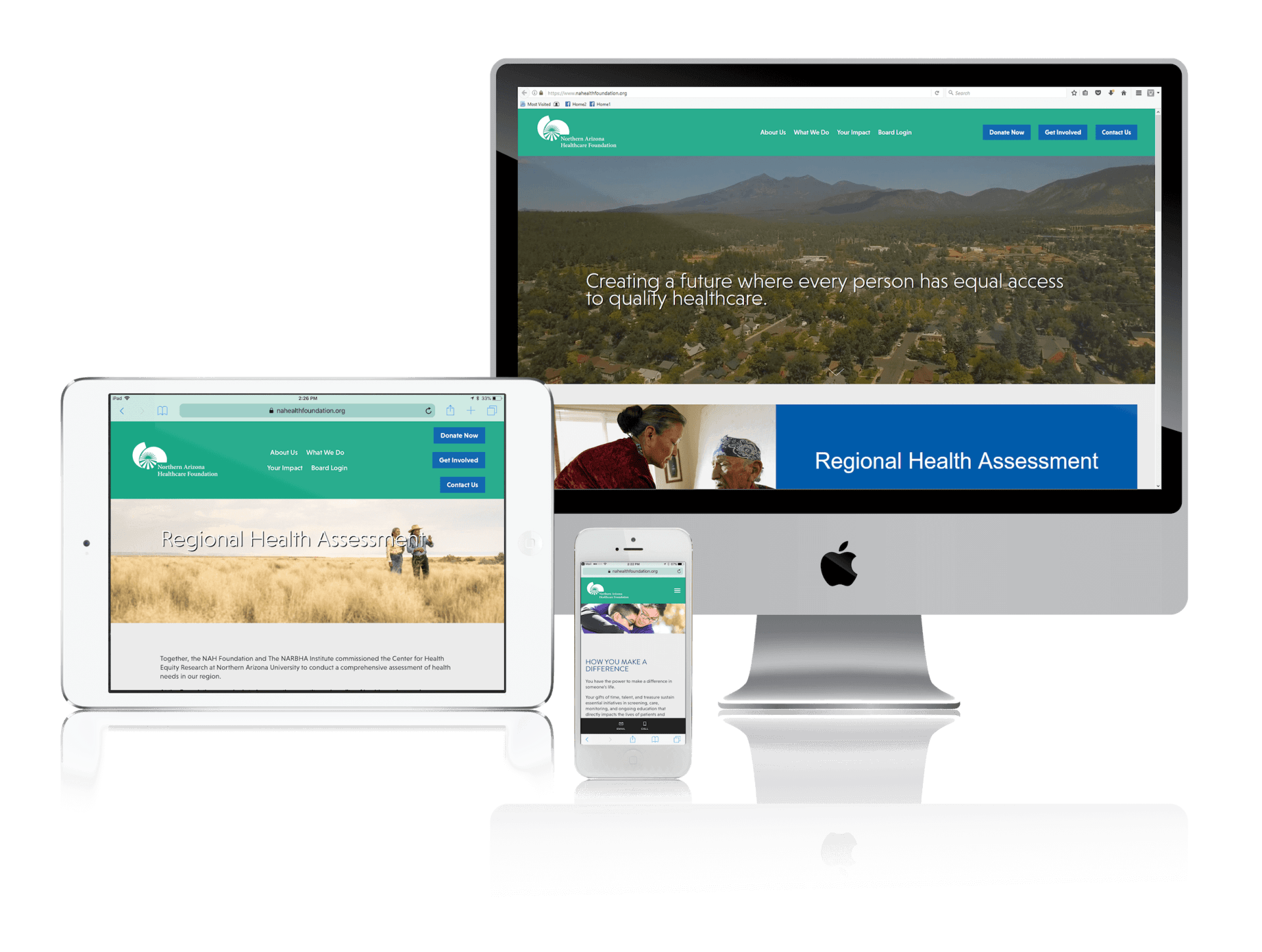 Website displays on computer, tablet, and phone, showcasing health assessment information; logo and content in teal and white.
