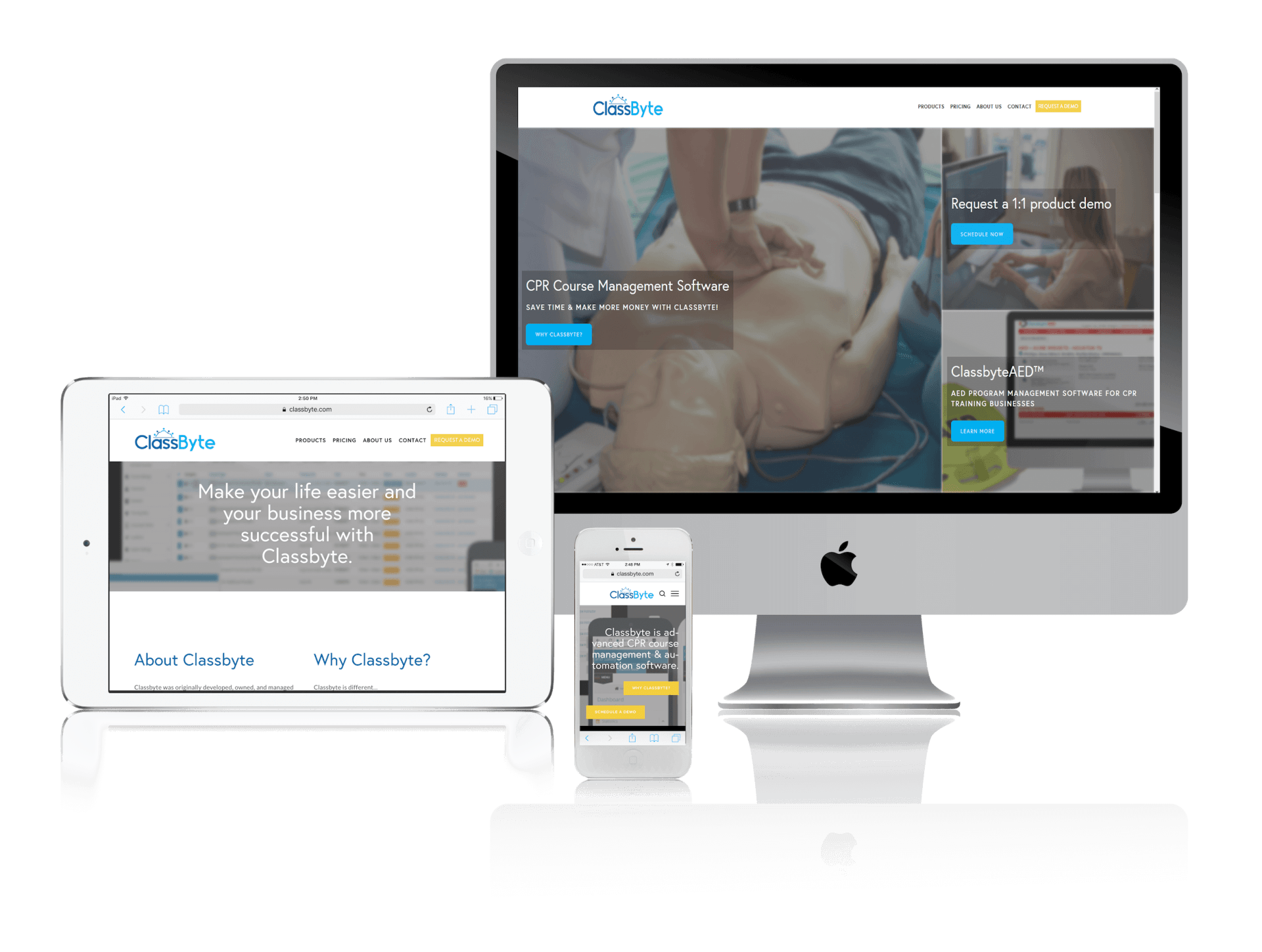 Website displayed on a desktop, tablet, and phone.  Homepage with a healthcare professional, blue and white design.