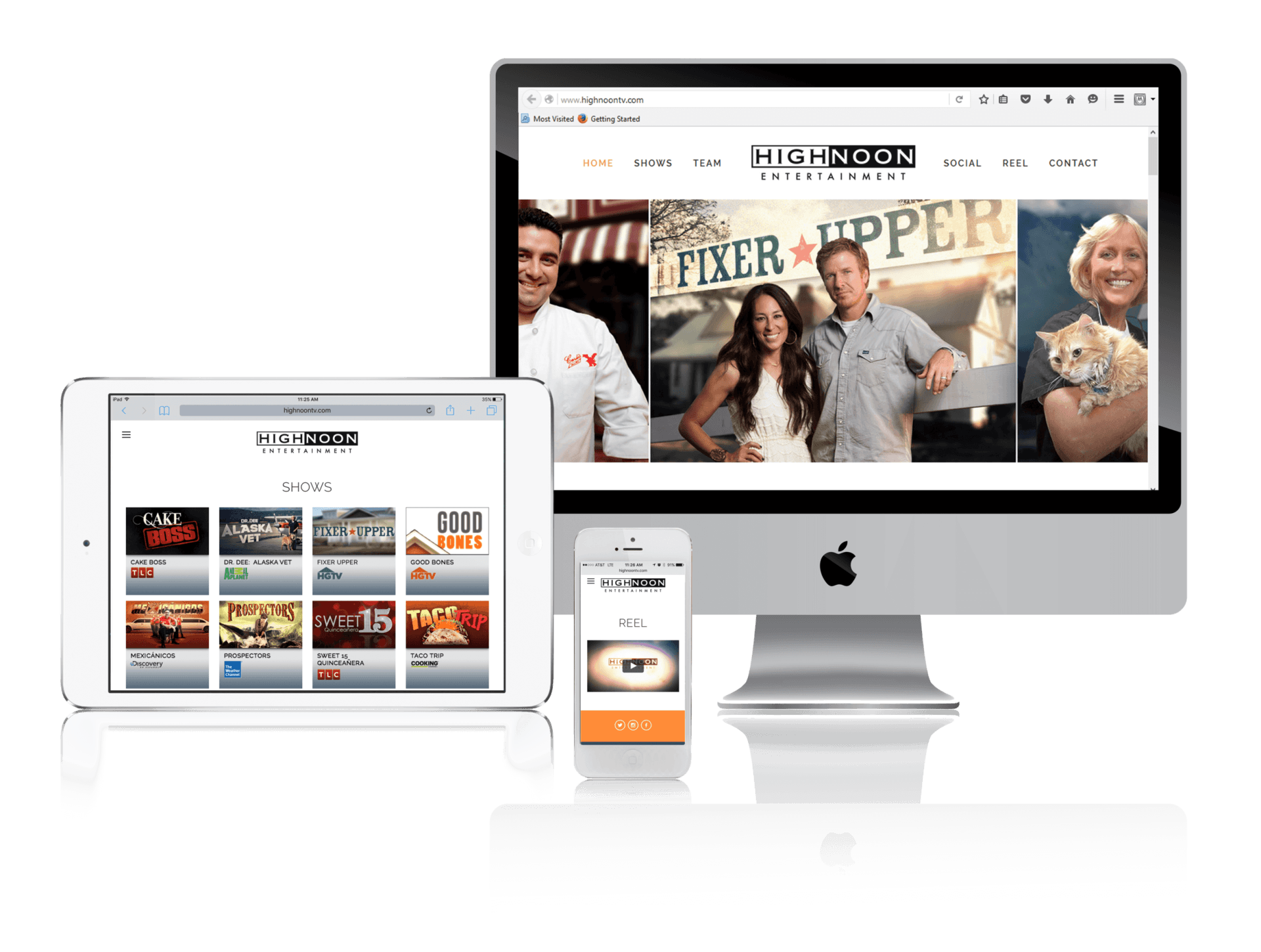 Website displayed on an iMac, iPad, and iPhone. Fixer Upper website with photos and videos.