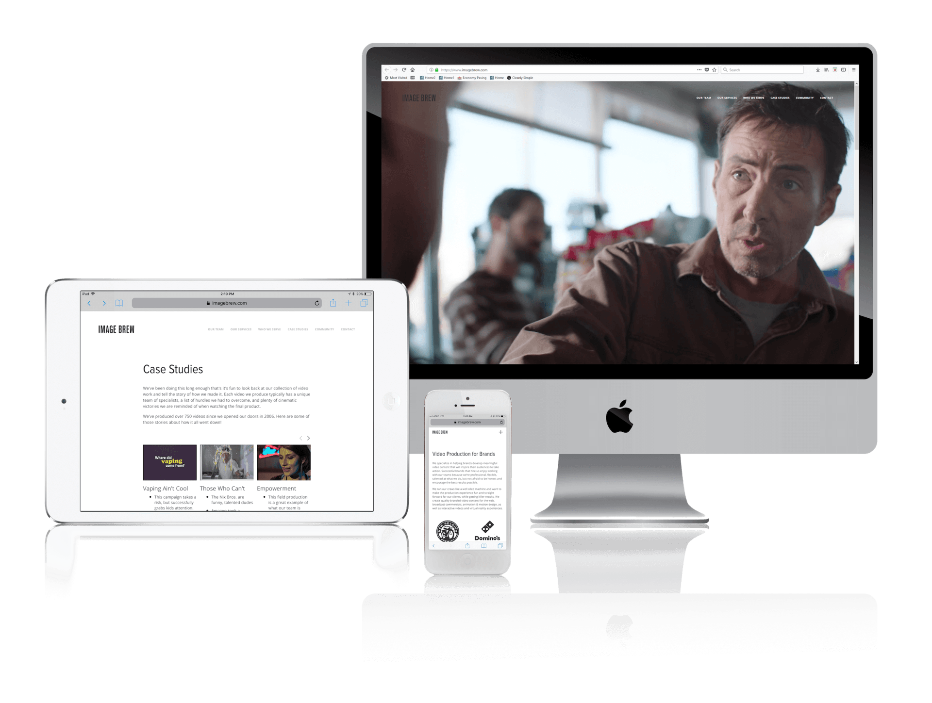 Websites on Apple devices: Desktop, tablet, and phone. A man on the desktop screen.