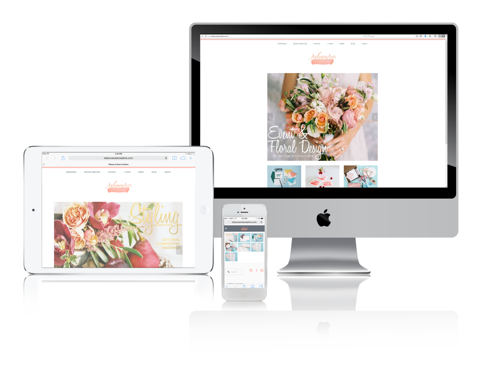 Website design on computer, tablet, and smartphone showing flower arrangements.