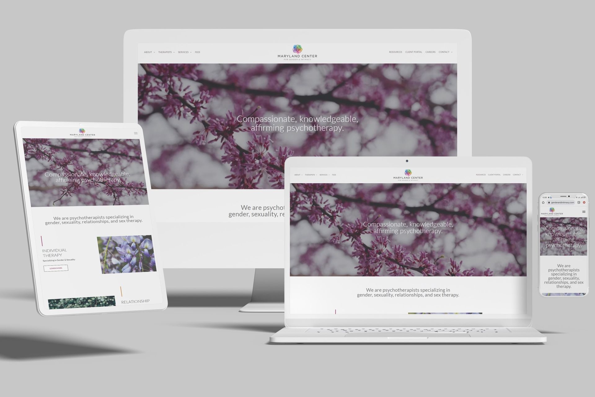 Website mockup on multiple devices showcasing a purple floral background.