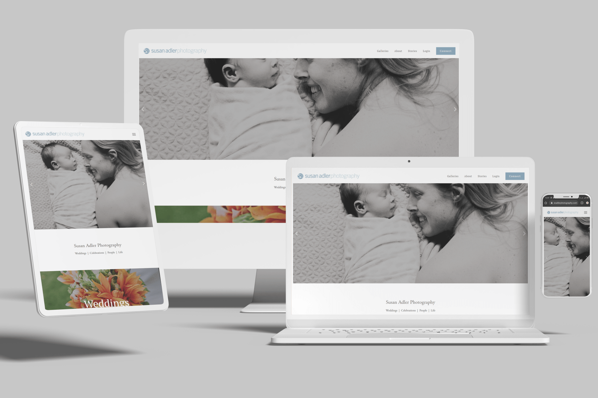 Website displayed on multiple devices: mother and baby in black and white, colorful flowers, responsive design.