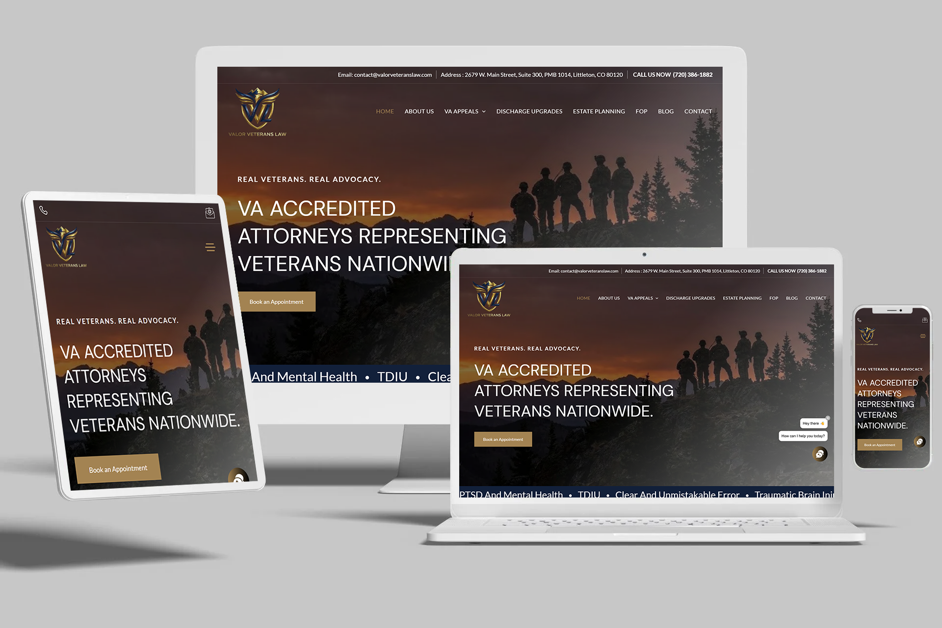 VA-accredited attorney's website displayed on desktop, laptop, tablet, and phone, featuring a silhouette of veterans.