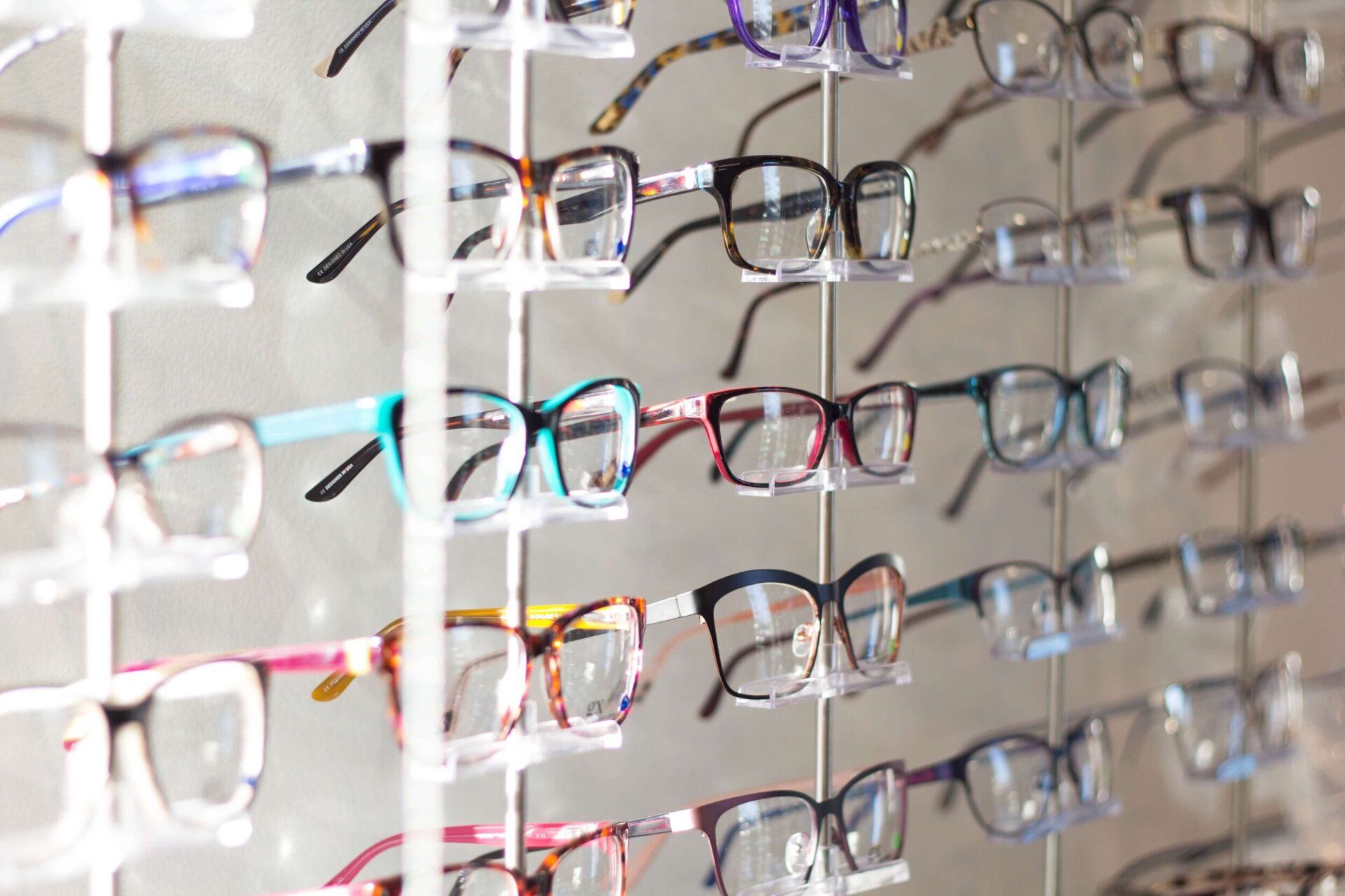 A row of glasses hanging on a wall in an optical shop.