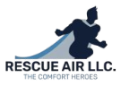 Logo: Silhouette of a superhero with a blue cape, text "RESCUE AIR LLC.", and "THE COMFORT HEROES" in black.