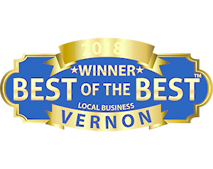 A blue and gold sign that says `` winner best of the best local business vernon ''.