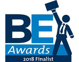A logo for the bex awards with a man holding a briefcase.
