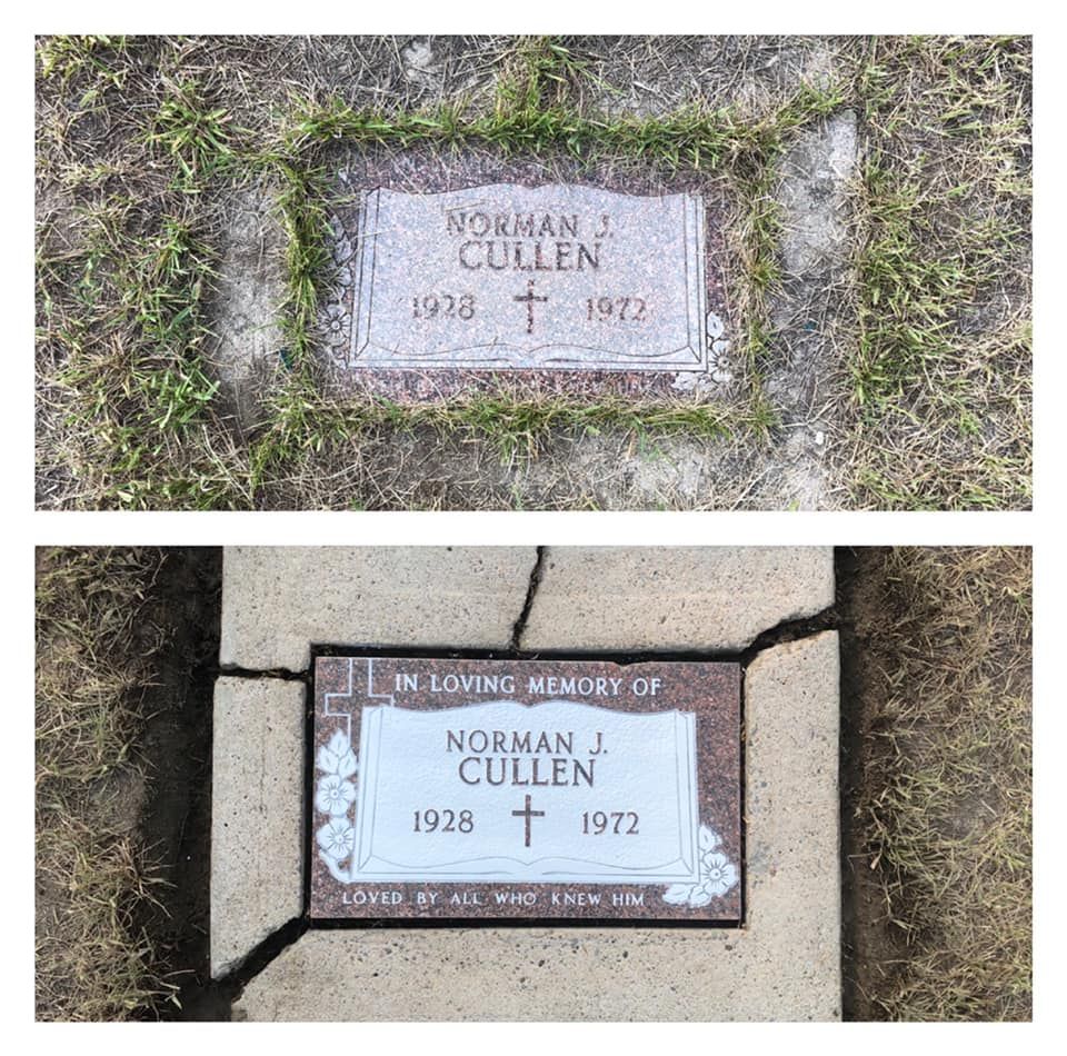 A gravestone for norman j. cullen has a cross on it