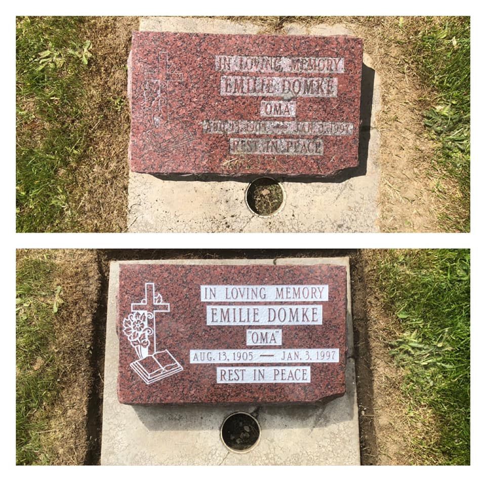 A gravestone for emille domke sits in a graveyard