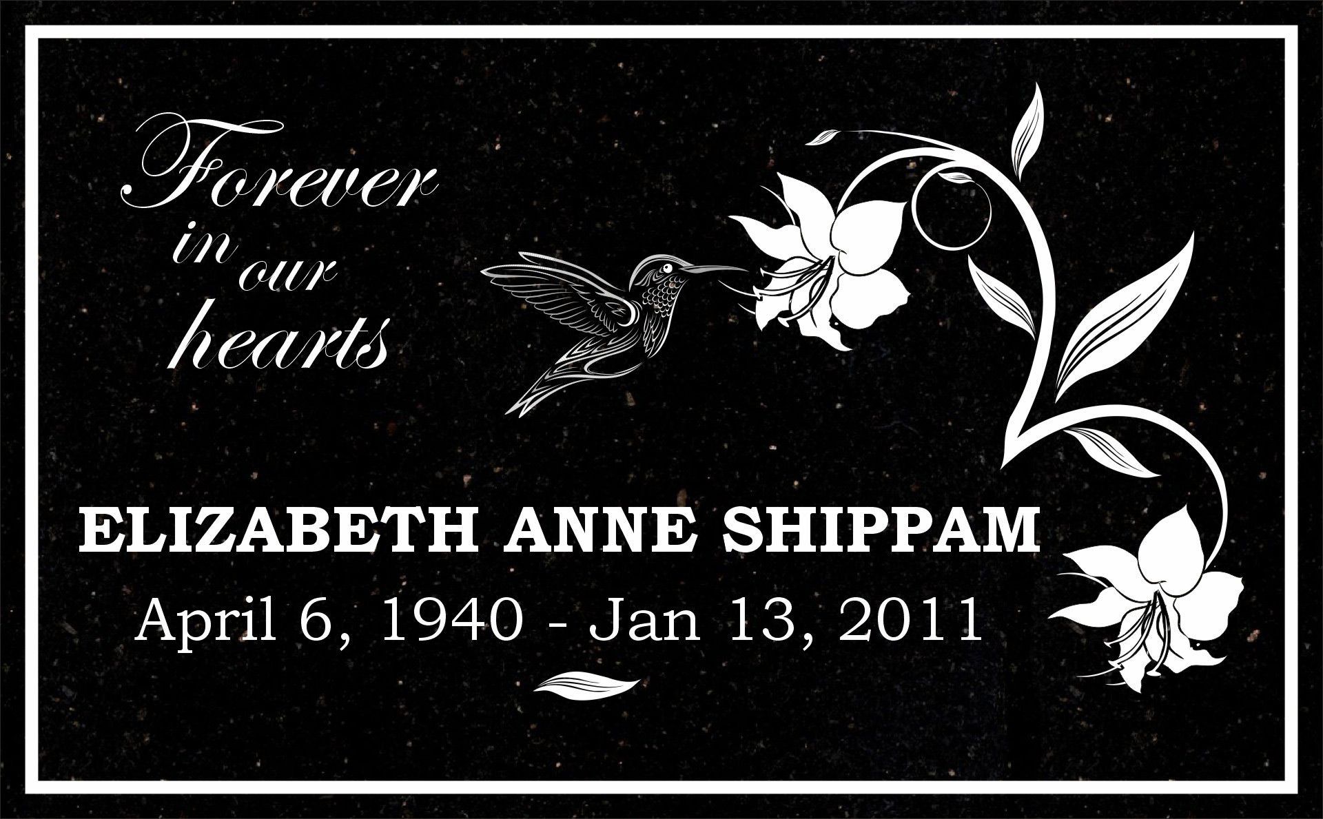 A black and white gravestone for elizabeth anne shippam