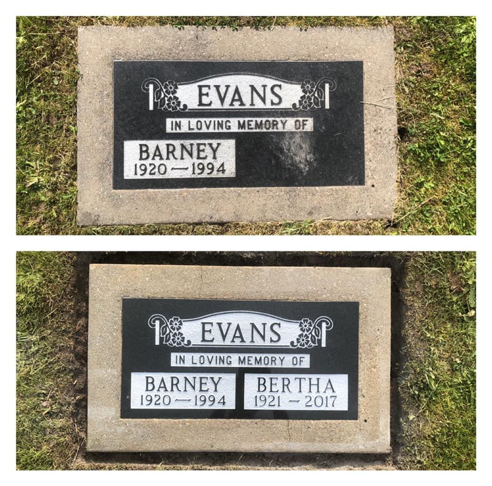 A before and after picture of a gravestone for evans and barney