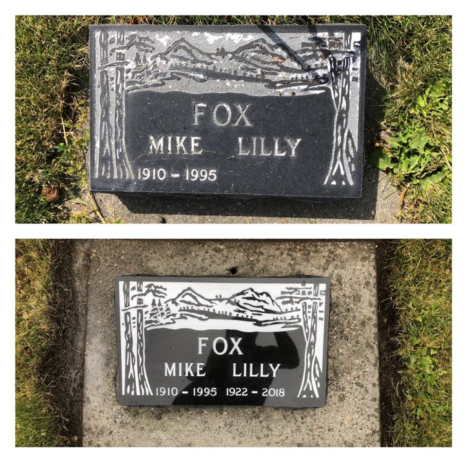A grave marker for mike lilly and fox