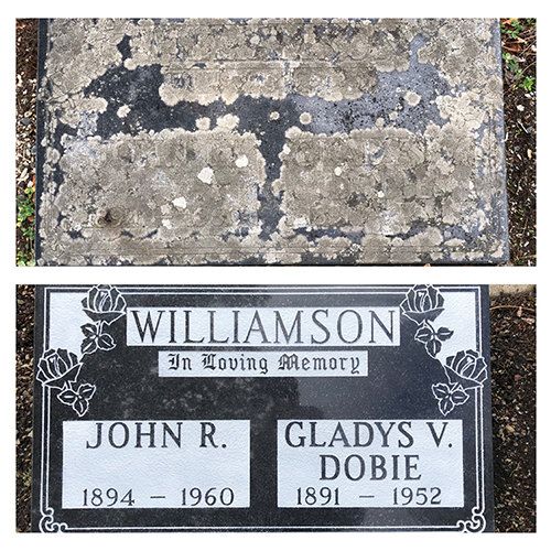 A gravestone for john r. and gladys v. dobie before and after cleaning.