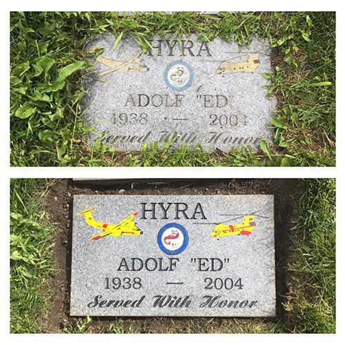 A gravestone with a picture of a plane on it and a gravestone with a picture of a plane on it.