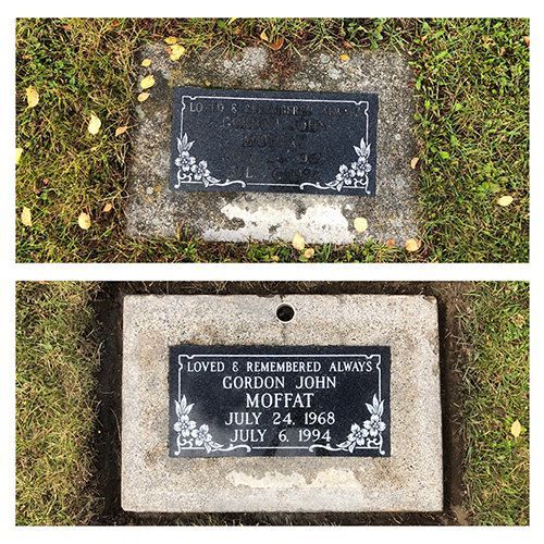 A gravestone for gordon john moffat is shown before and after being cleaned.