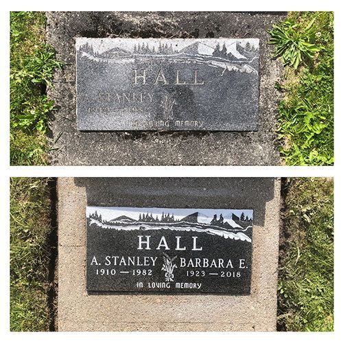 A before and after picture of a gravestone in a cemetery.
