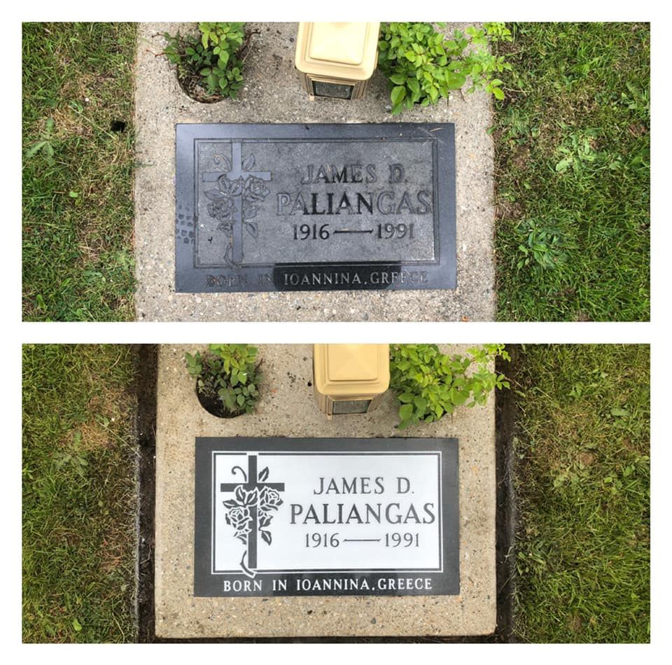 The grave of james d. paliangas is shown before and after being cleaned