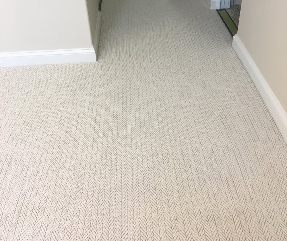 A close up of a white carpeted floor in a room.