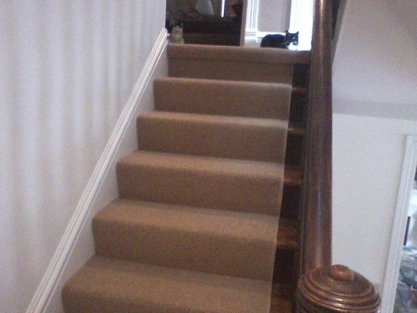A staircase with a carpeted staircase and a wooden railing