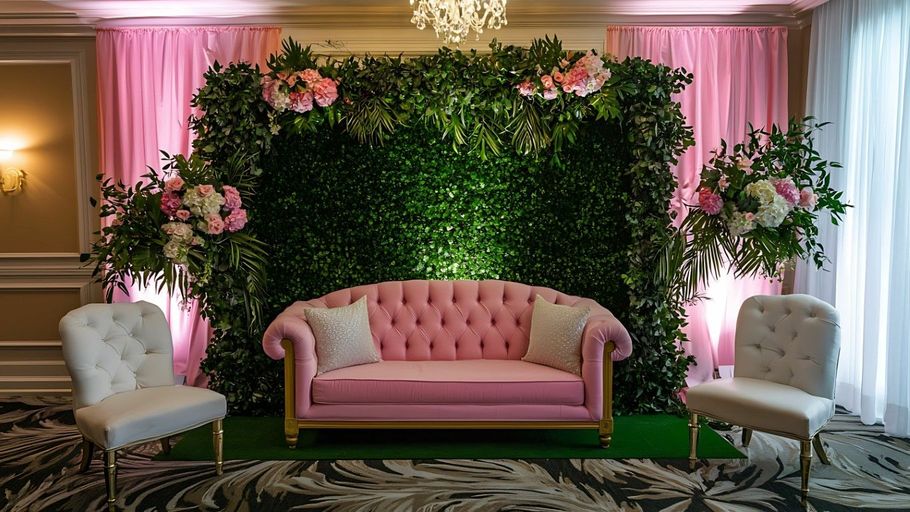 Pink sofa and white chairs before a lush floral greenery wall at a decorated event backdrop